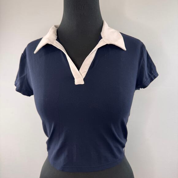 Splits59 Navy White Blue Crop Workout Top Airweight Collar V Neck Pullover Small - Picture 2 of 5